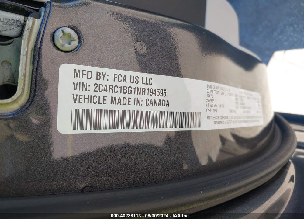2022 CHRYSLER PACIFICA TOURING L VIN: 2C4RC1BG1NR194596