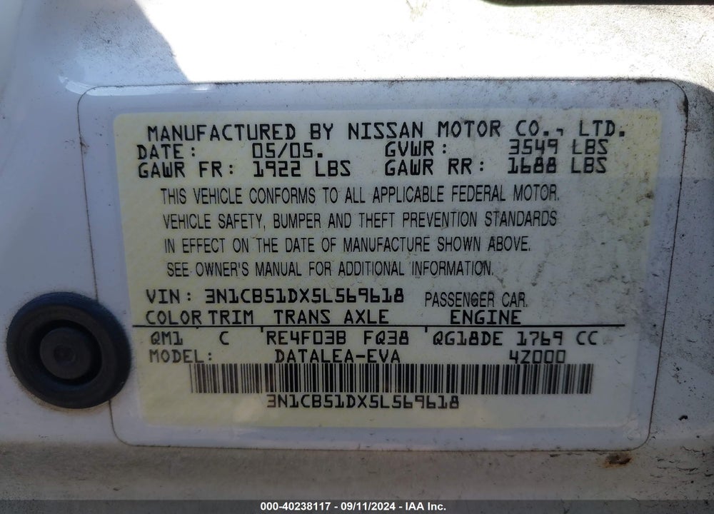 2005 NISSAN SENTRA 1.8S VIN: 3N1CB51DX5L569618