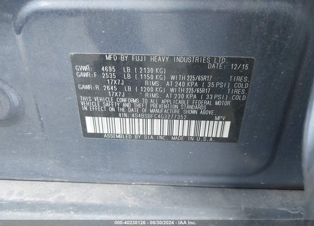 2016 SUBARU OUTBACK 2.5I PREMIUM VIN: 4S4BSBFC4G3277352