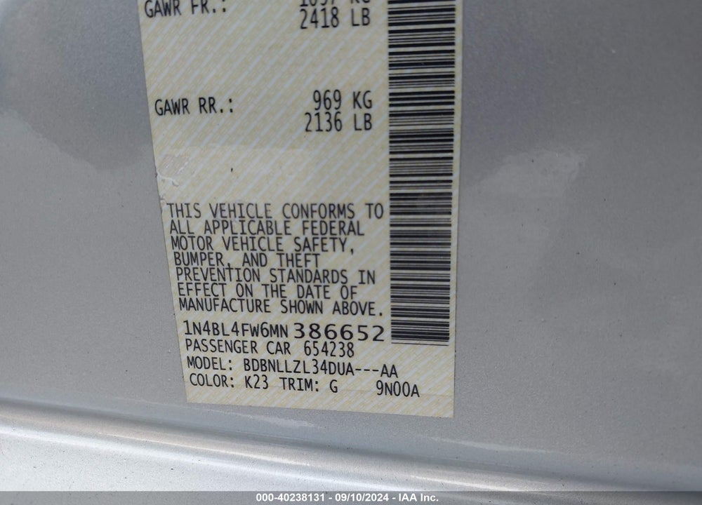 2021 NISSAN ALTIMA PLATINUM INTELLIGENT AWD VIN: 1N4BL4FW6MN386652