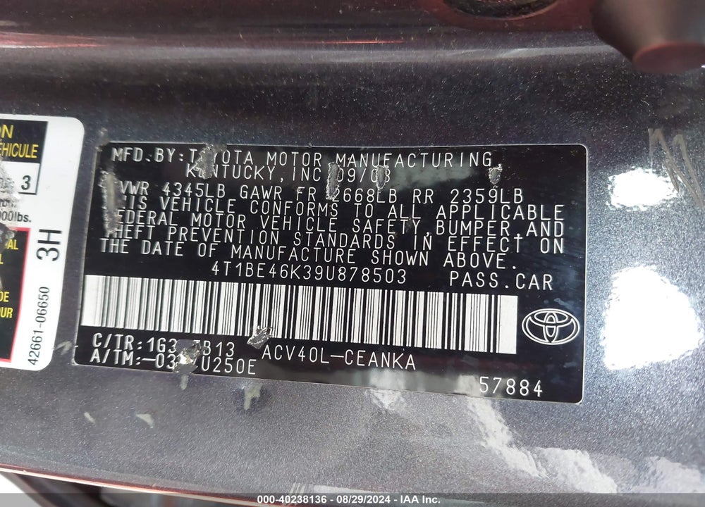 2009 TOYOTA CAMRY LE VIN: 4T1BE46K39U878503