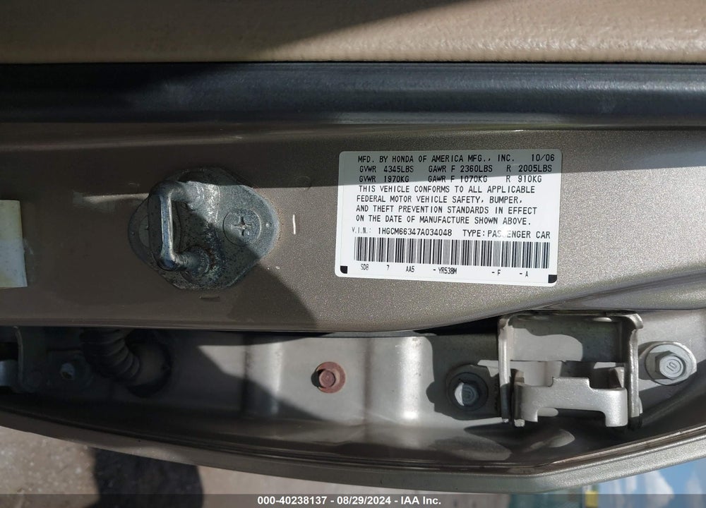 2007 HONDA ACCORD 3.0 LX VIN: 1HGCM66347A034048