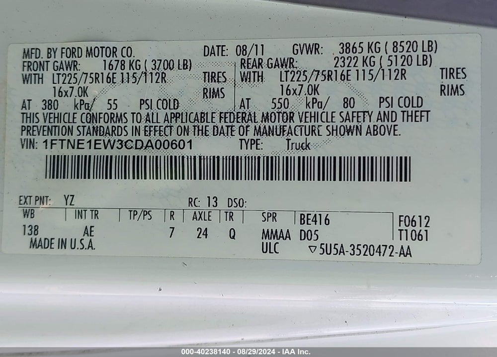 2012 FORD E-150 COMMERCIAL VIN: 1FTNE1EW3CDA00601