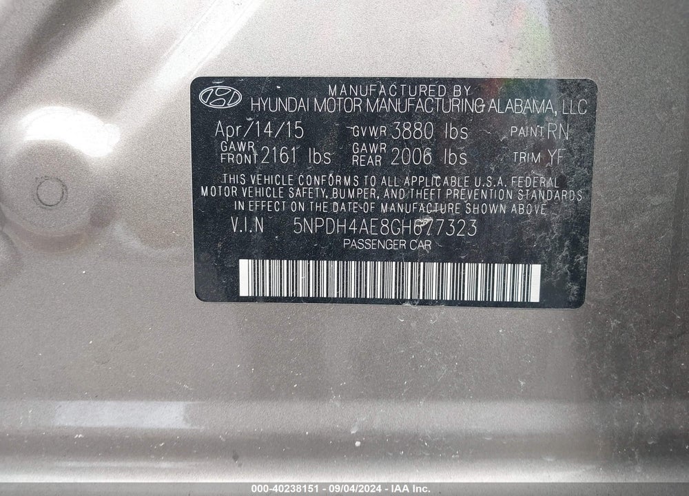 2016 HYUNDAI ELANTRA VALUE EDITION VIN: 5NPDH4AE8GH677323
