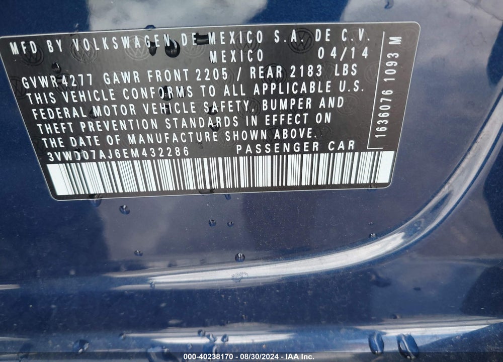 2014 VOLKSWAGEN JETTA 1.8T SE VIN: 3VWD07AJ6EM432286