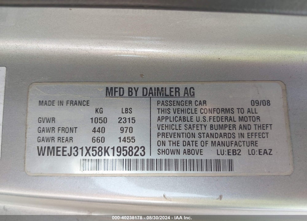 2008 SMART FORTWO PASSION/PURE VIN: WMEEJ31X58K195823