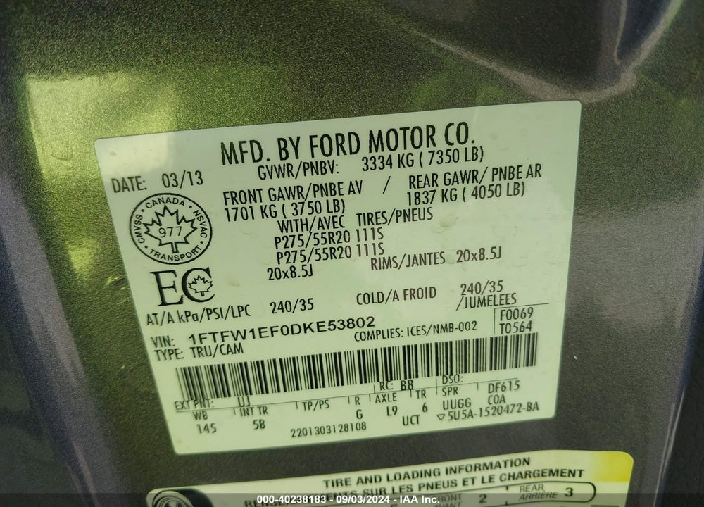 2013 FORD F-150 FX4 VIN: 1FTFW1EF0DKE53802