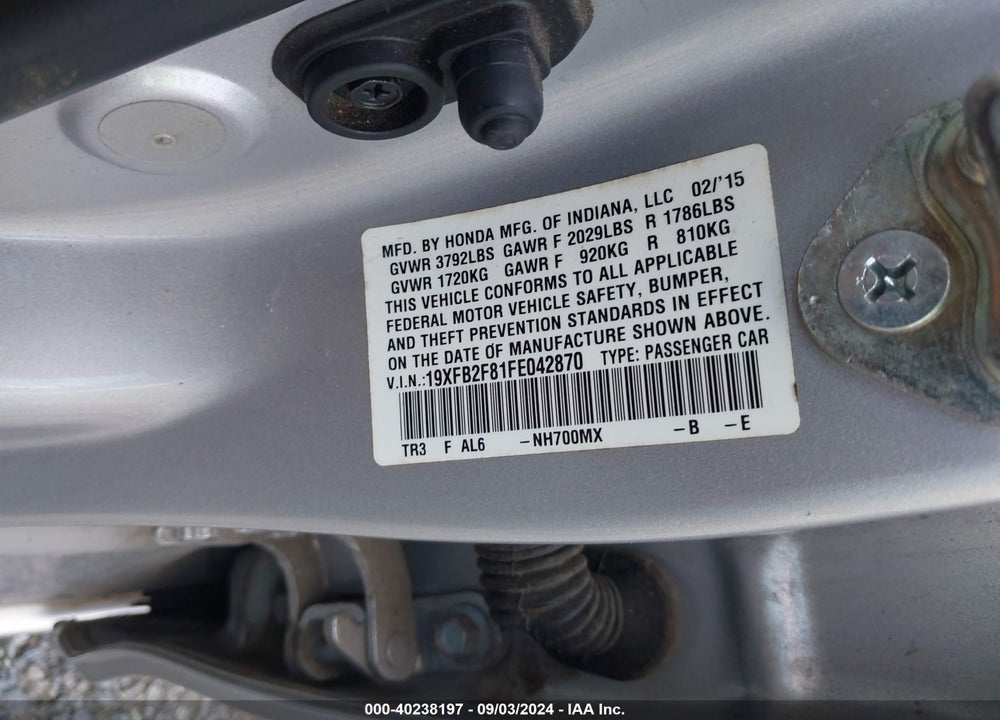 2015 HONDA CIVIC EX VIN: 19XFB2F81FE042870
