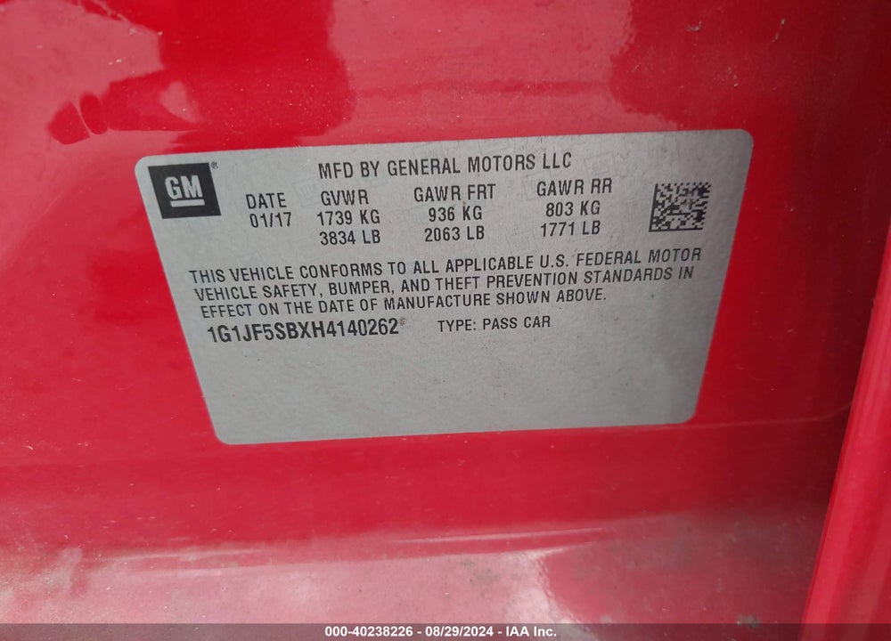 2017 CHEVROLET SONIC PREMIER AUTO VIN: 1G1JF5SBXH4140262