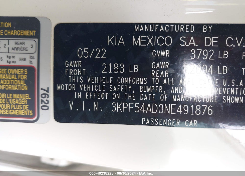 2022 KIA FORTE GT LINE VIN: 3KPF54AD3NE491876