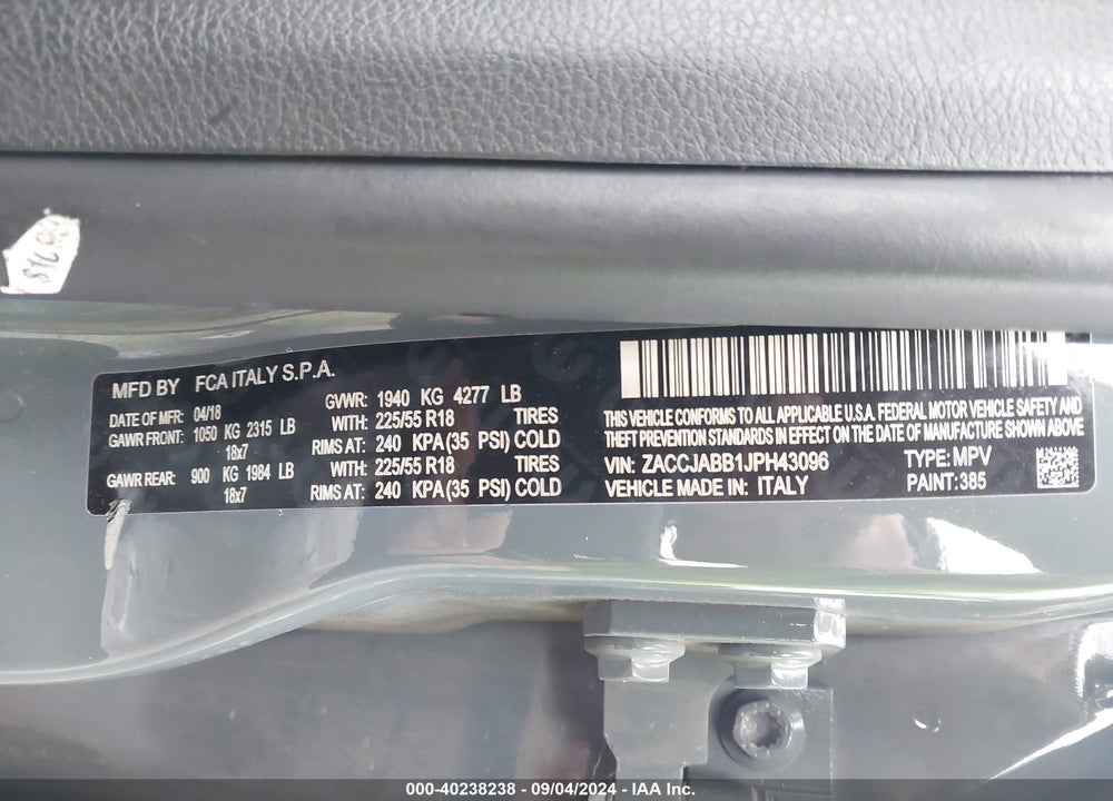 2018 JEEP RENEGADE ALTITUDE FWD VIN: ZACCJABB1JPH43096