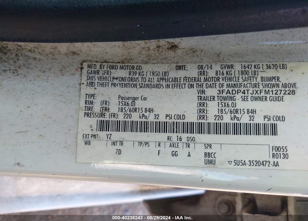 2015 FORD FIESTA S VIN: 3FADP4TJXFM127228