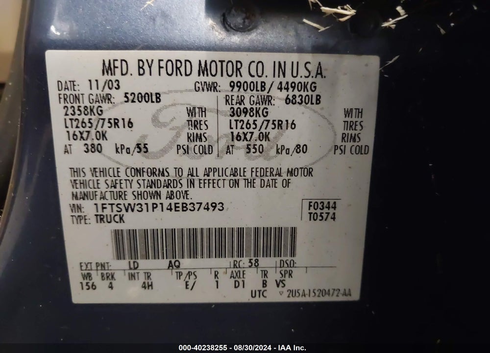 2004 FORD F-350 LARIAT/XL/XLT VIN: 1FTSW31P14EB37493