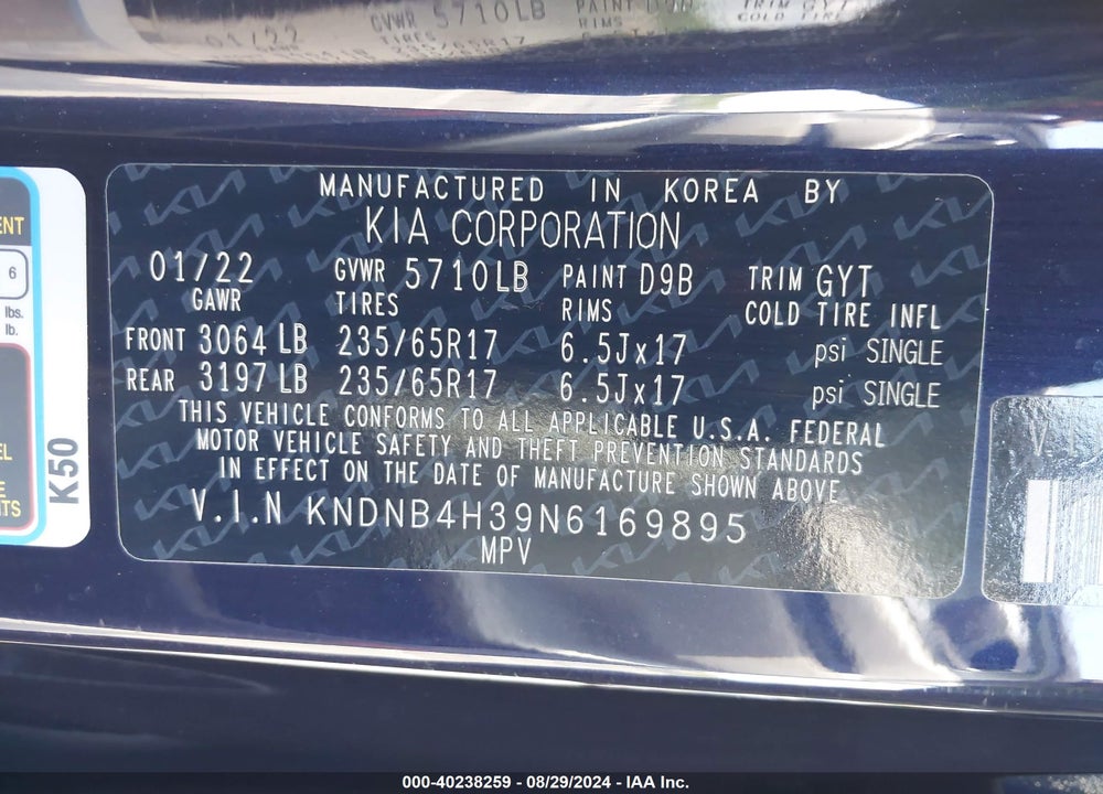 2022 KIA CARNIVAL MPV LX SEAT PACKAGE VIN: KNDNB4H39N6169895