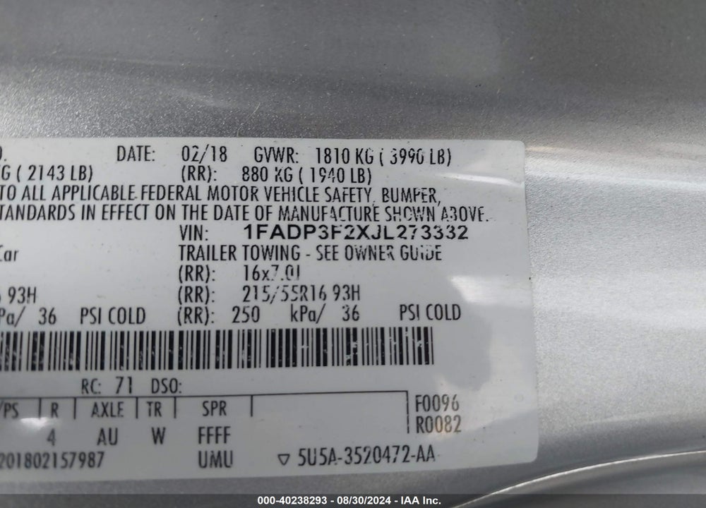 2018 FORD FOCUS SE VIN: 1FADP3F2XJL273332