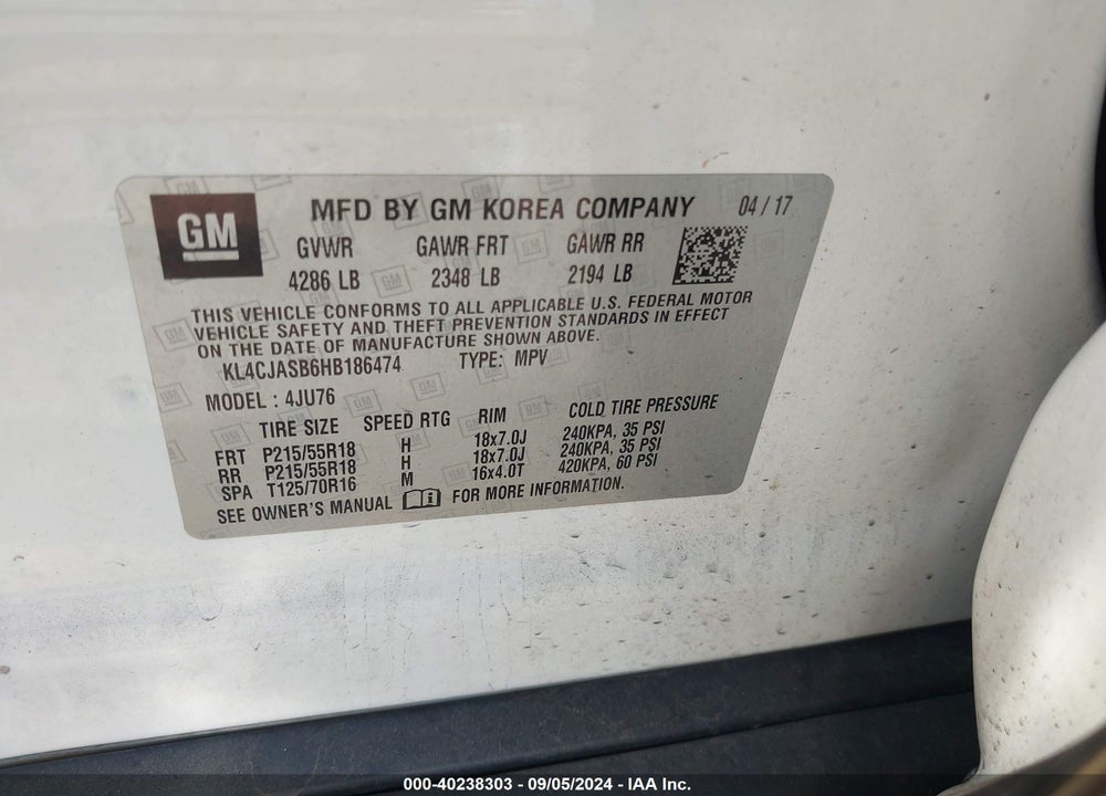 2017 BUICK ENCORE PREFERRED VIN: KL4CJASB6HB186474