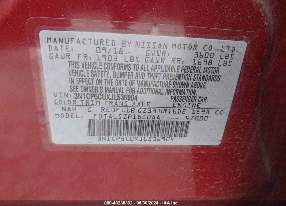 2018 NISSAN KICKS SV VIN: 3N1CP5CUXJL536904