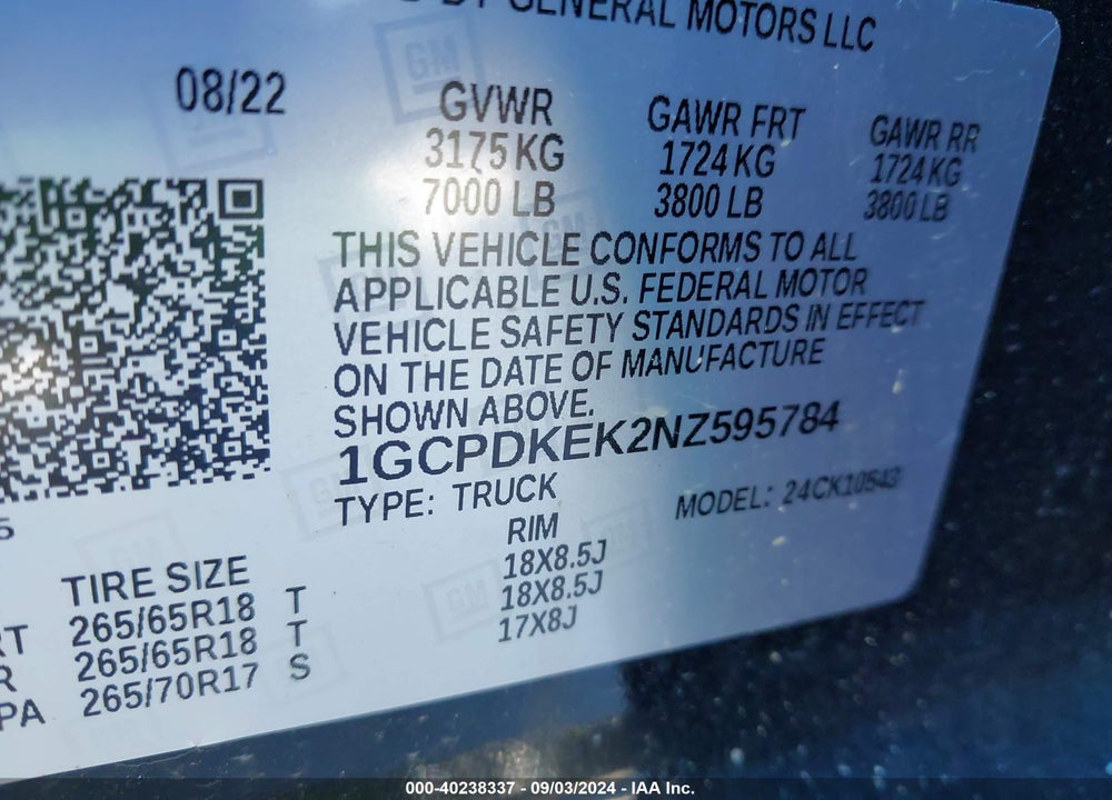 2022 CHEVROLET SILVERADO 1500 4WD SHORT BED LT WITH 2FL VIN: 1GCPDKEK2NZ595784