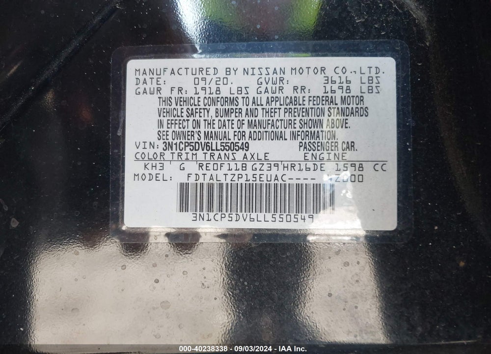 2020 NISSAN KICKS SR XTRONIC CVT VIN: 3N1CP5DV6LL550549