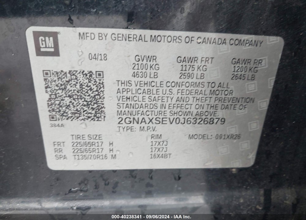 2018 CHEVROLET EQUINOX LT VIN: 2GNAXSEV0J6326879