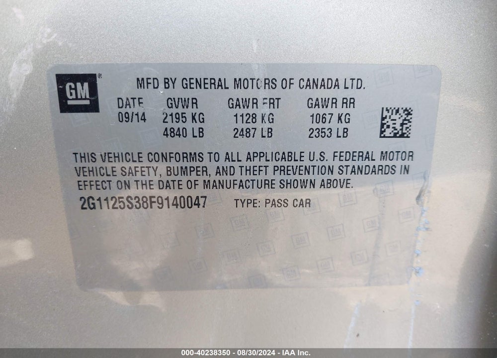 2015 CHEVROLET IMPALA 2LT VIN: 2G1125S38F9140047