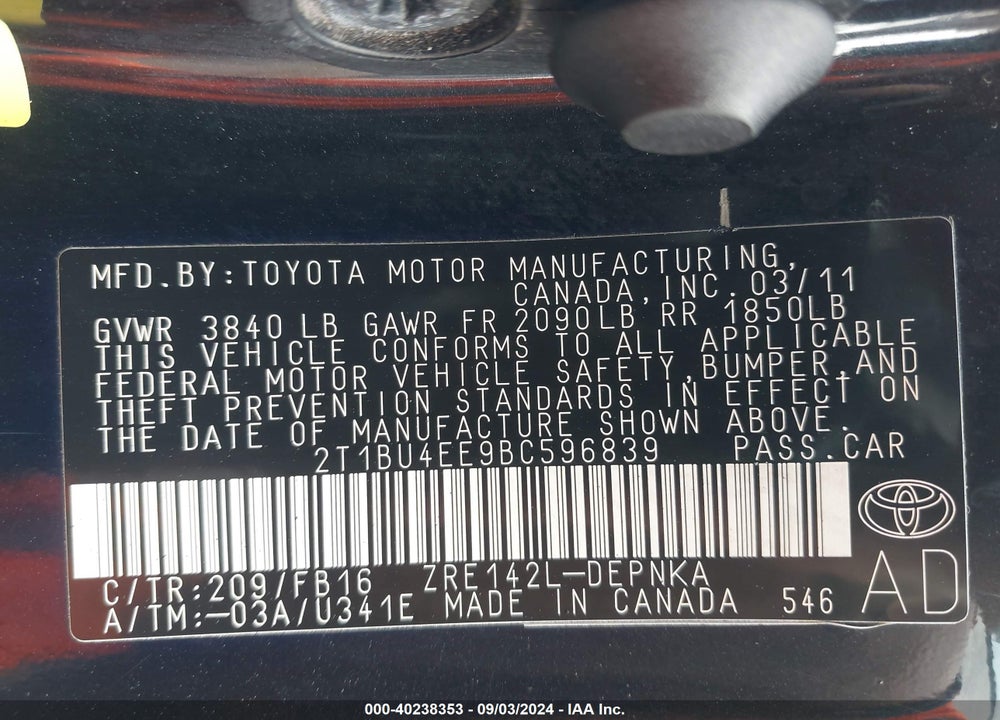 2011 TOYOTA COROLLA LE VIN: 2T1BU4EE9BC596839