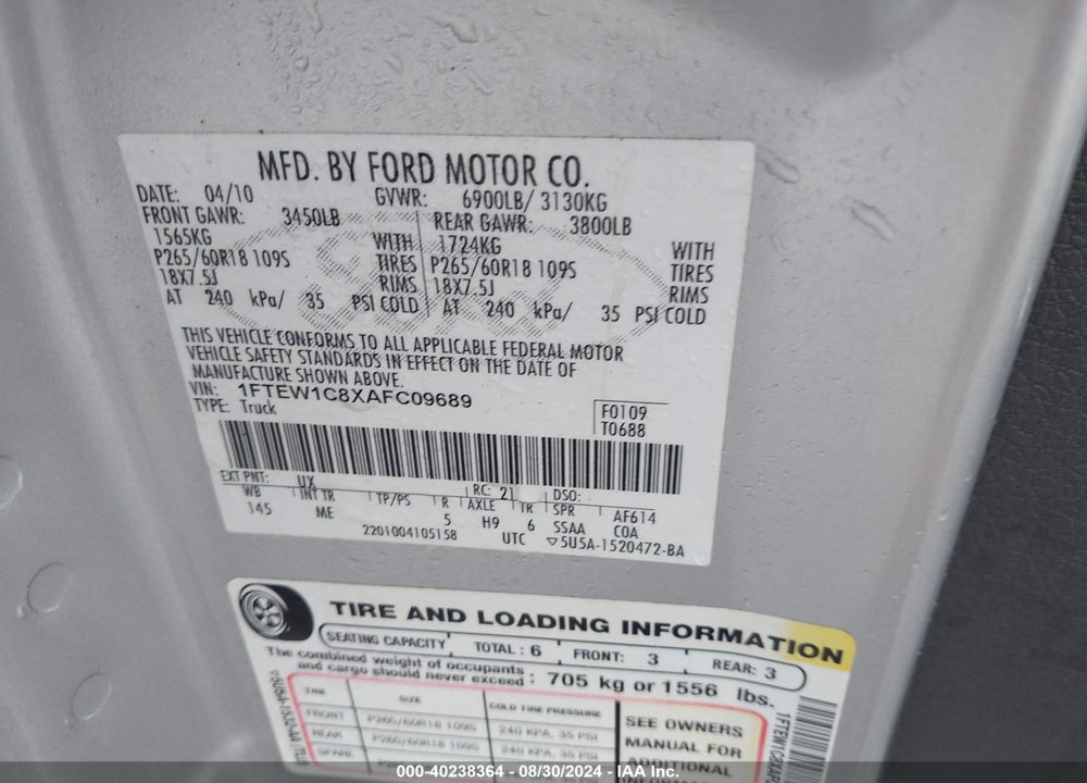 2010 FORD F-150 VIN: 1FTEW1C8XAFC09689