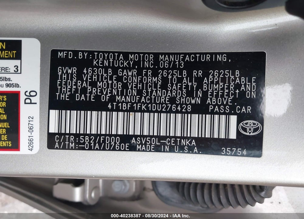 2013 TOYOTA CAMRY LE VIN: 4T1BF1FK1DU276428