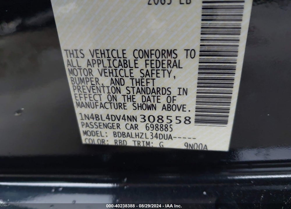 2022 NISSAN ALTIMA SV FWD VIN: 1N4BL4DV4NN308558