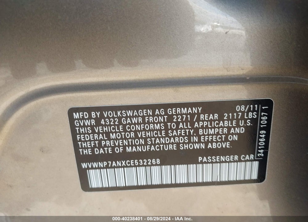 2012 VOLKSWAGEN CC R-LINE/SPORT VIN: WVWNP7ANXCE532268