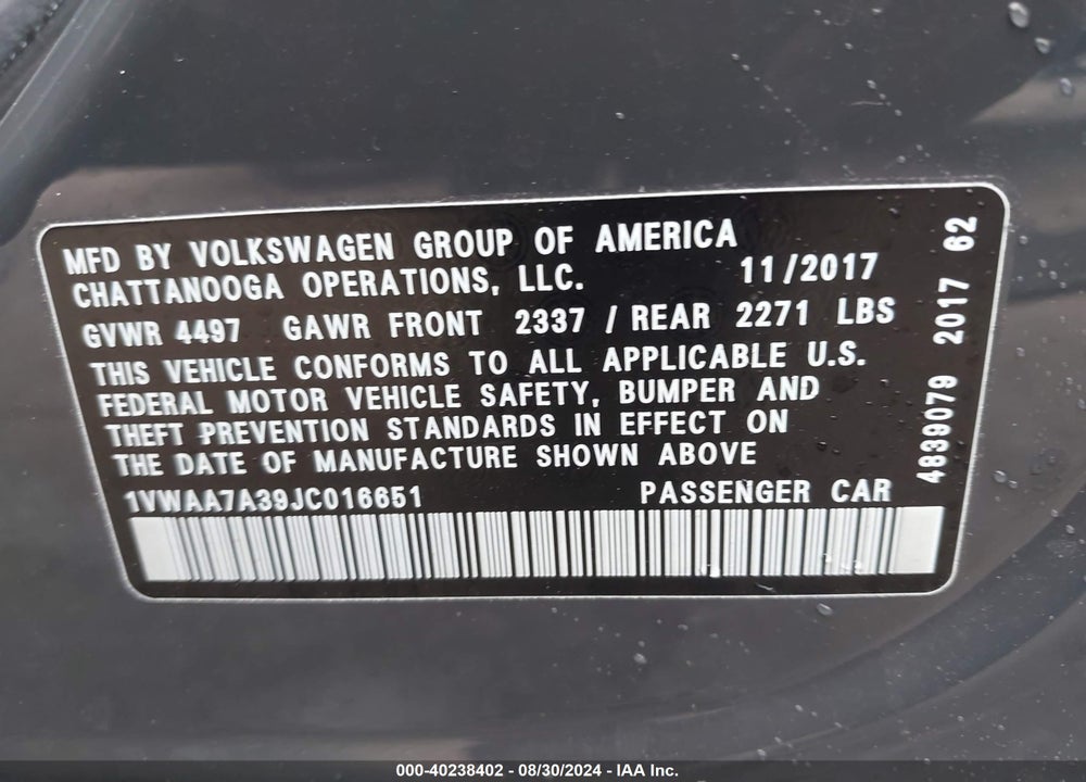 2018 VOLKSWAGEN PASSAT 2.0T R-LINE/2.0T S VIN: 1VWAA7A39JC016651
