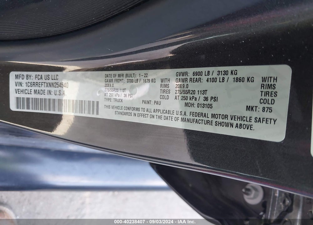 2022 RAM 1500 VIN: 1C6RREFTXNN254540