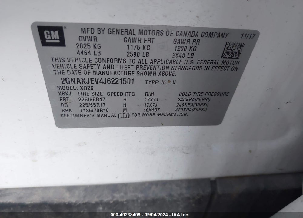 2018 CHEVROLET EQUINOX LT VIN: 2GNAXJEV4J6221501