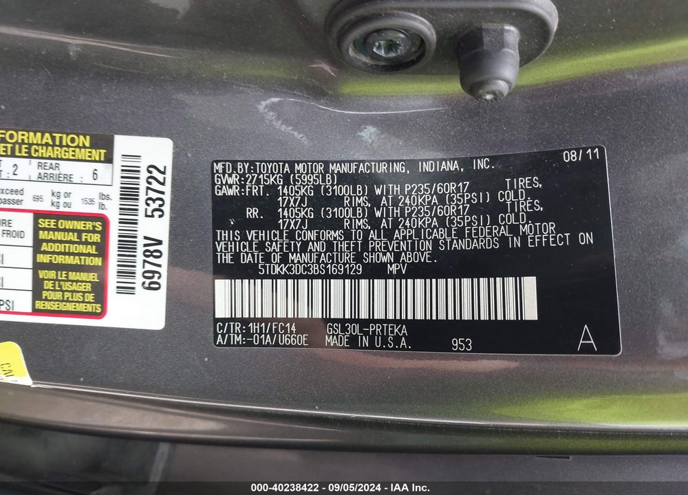 2011 TOYOTA SIENNA LE V6 VIN: 5TDKK3DC3BS169129