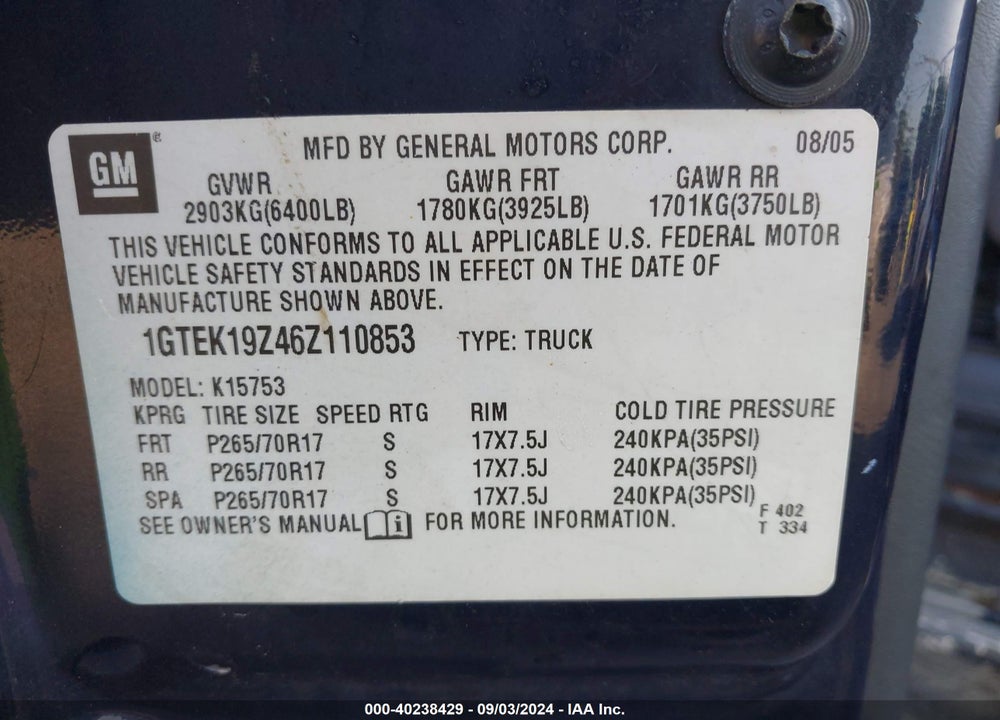 2006 GMC SIERRA 1500 SLE1 VIN: 1GTEK19Z46Z110853