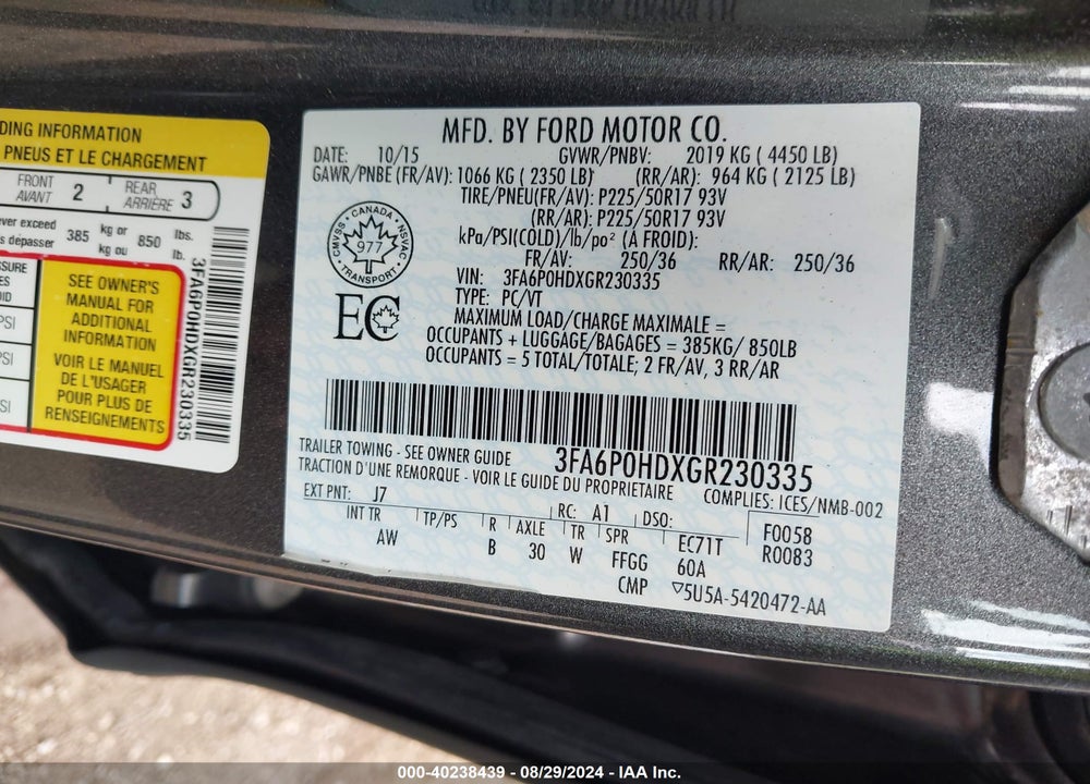 2016 FORD FUSION SE VIN: 3FA6P0HDXGR230335