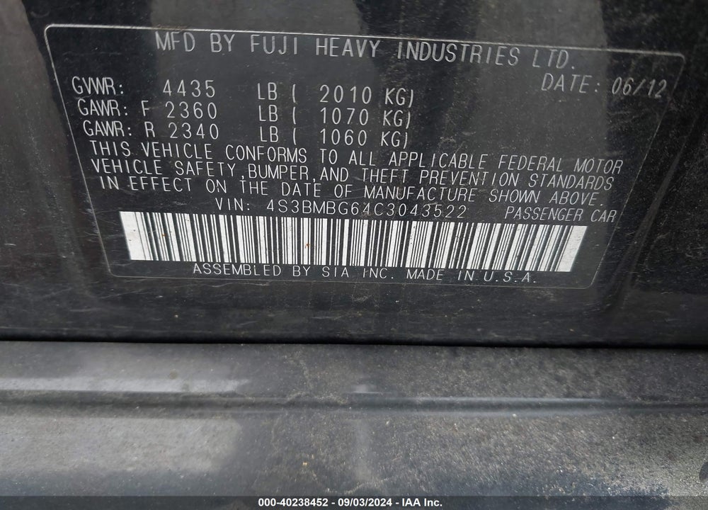 2012 SUBARU LEGACY 2.5I PREMIUM VIN: 4S3BMBG64C3043522