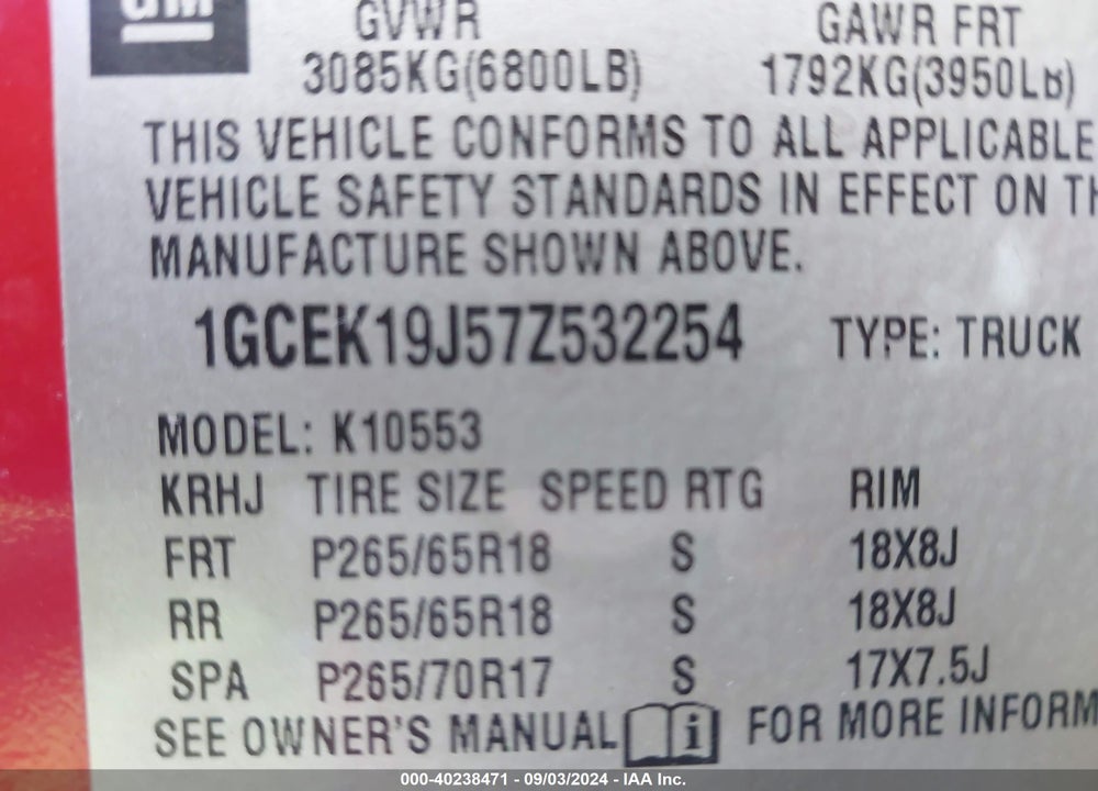 2007 CHEVROLET SILVERADO 1500 LT1 VIN: 1GCEK19J57Z532254