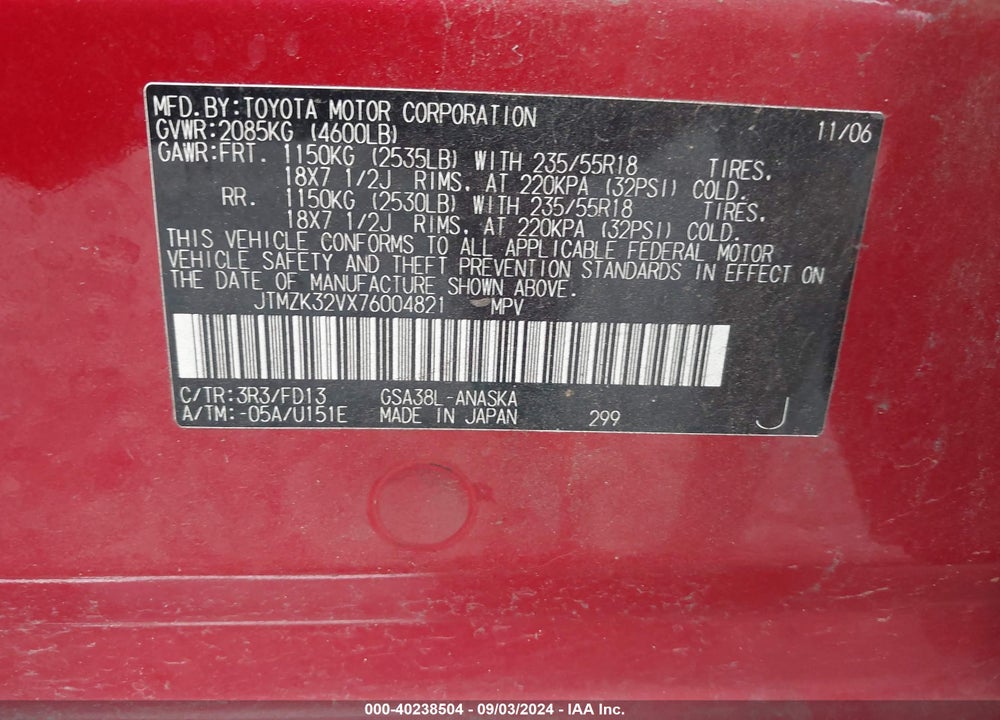 2007 TOYOTA RAV4 SPORT V6 VIN: JTMZK32VX76004821