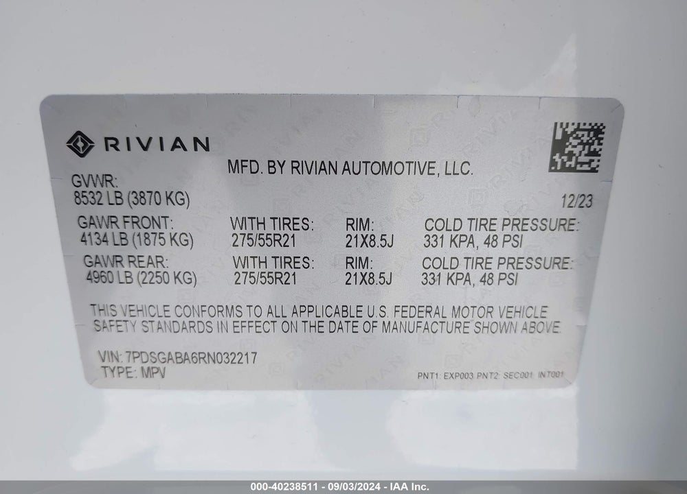 2024 RIVIAN R1S ADVENTURE QUAD MOTOR LARGE PACK VIN: 7PDSGABA6RN032217