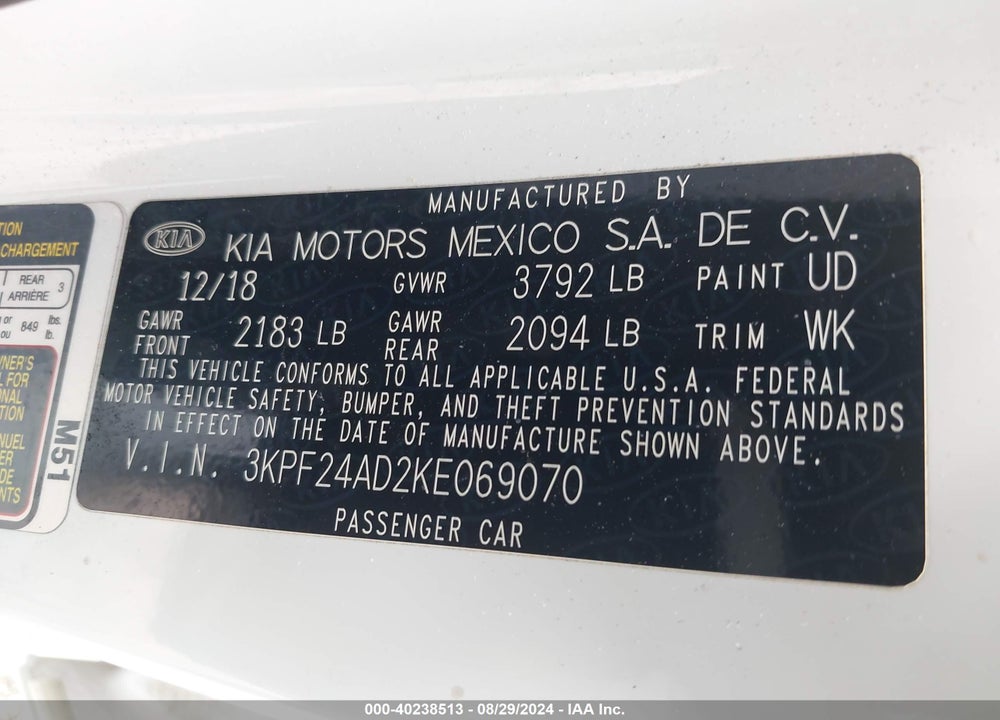 2019 KIA FORTE LXS VIN: 3KPF24AD2KE069070