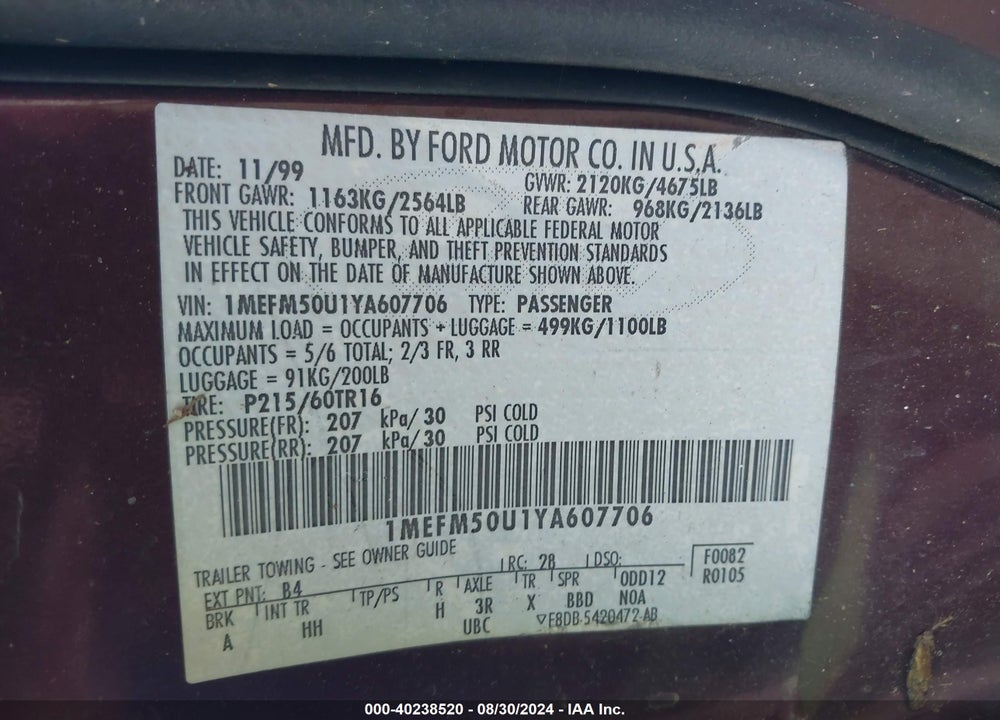 2000 MERCURY SABLE GS VIN: 1MEFM50U1YA607706