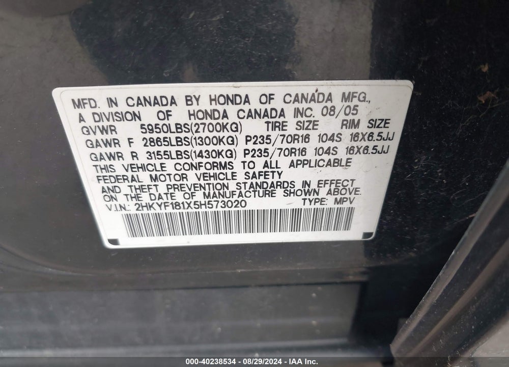 2005 HONDA PILOT LX VIN: 2HKYF181X5H573020