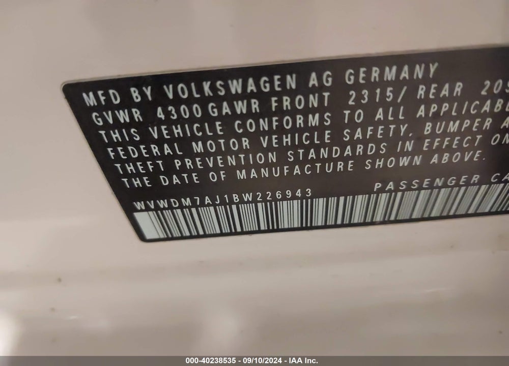2011 VOLKSWAGEN GOLF TDI 4-DOOR VIN: WVWDM7AJ1BW226943