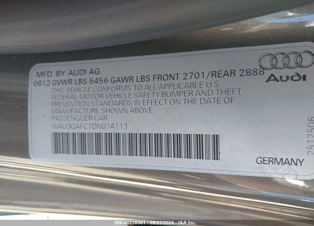 2013 AUDI A7 3.0T PREMIUM VIN: WAU3GAFC7DN014113