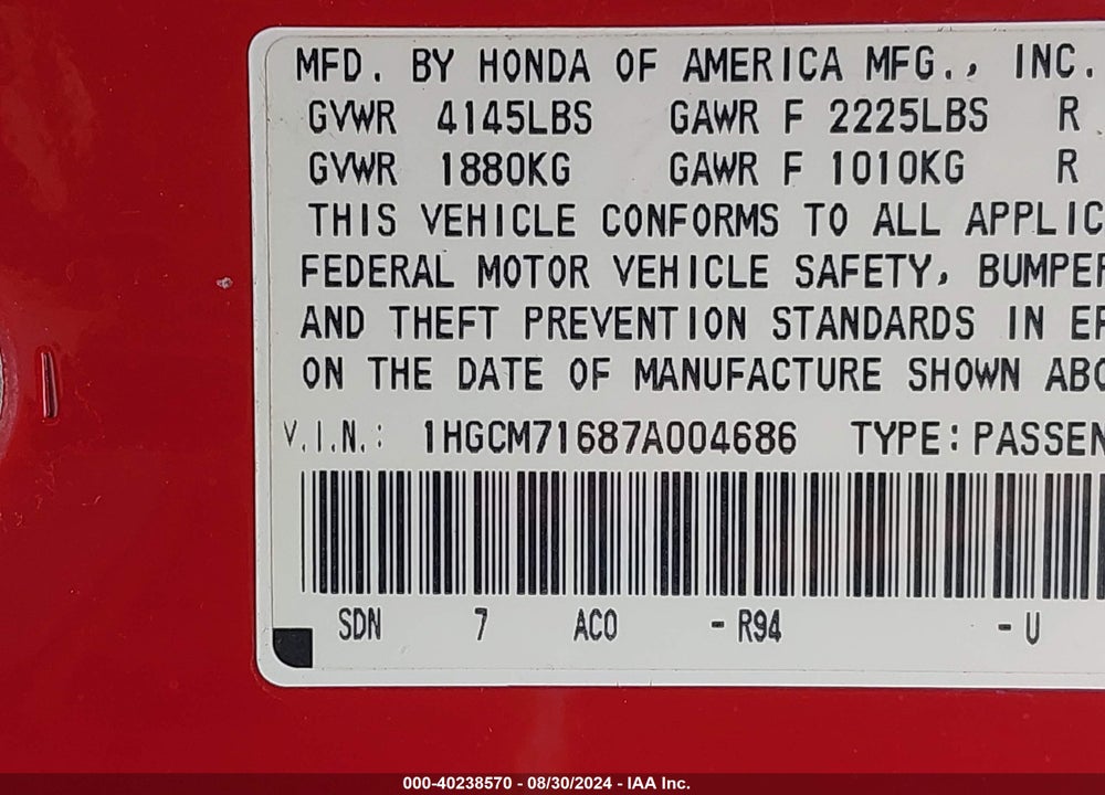2007 HONDA ACCORD 2.4 EX VIN: 1HGCM71687A004686