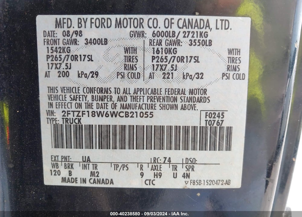 1998 FORD F-150 LARIAT/STANDARD/XL/XLT VIN: 2FTZF18W6WCB21055