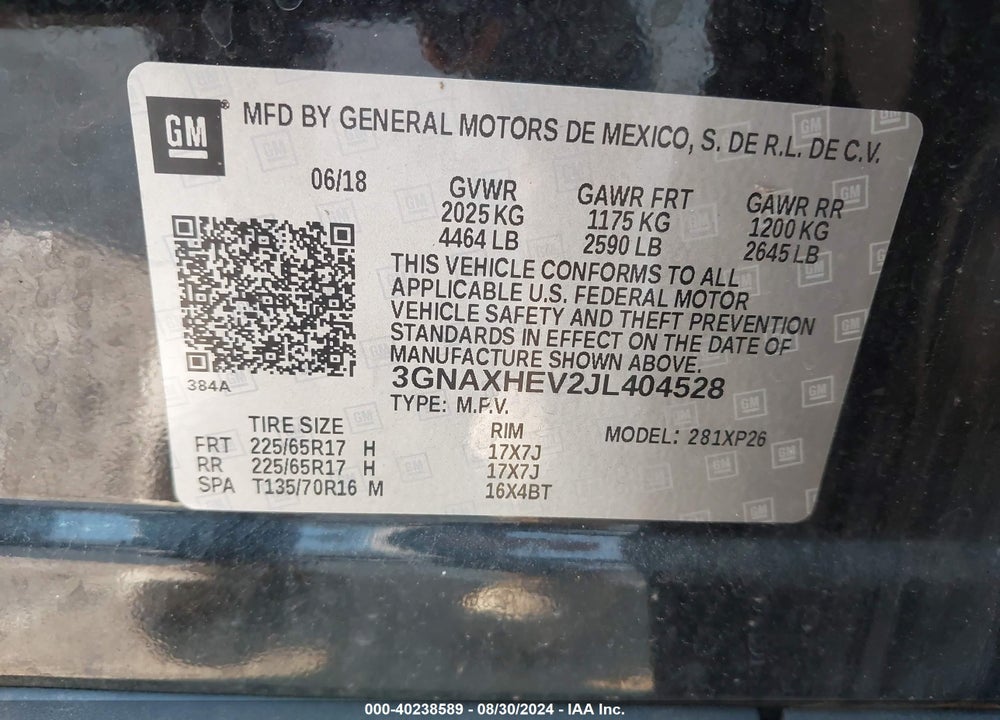 2018 CHEVROLET EQUINOX LS VIN: 3GNAXHEV2JL404528