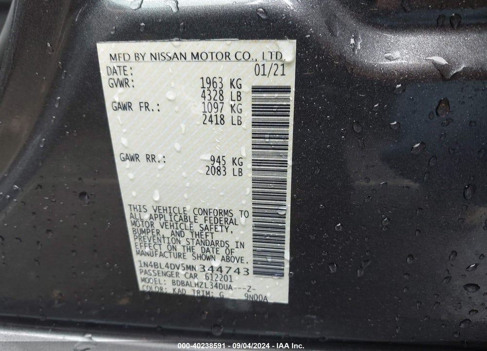 2021 NISSAN ALTIMA SV FWD VIN: 1N4BL4DV5MN344743