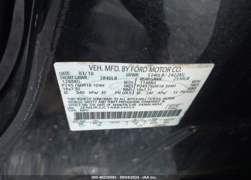 2010 FORD EDGE SEL VIN: 2FMDK3JC1ABB34954